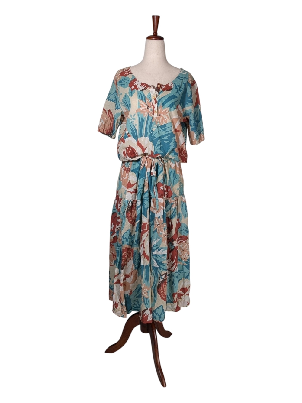 Vintage Tropical Floral Matching Skirt Set With Adjustable Waist